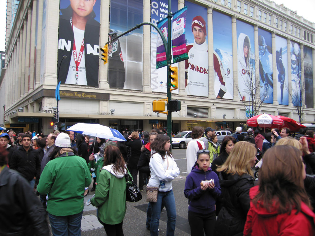 Olympics 2010 Banners hanging on the sides of The Bay Department Store in Vancouver
