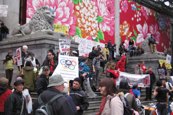 Protesters outside the Vancouver Art Institute during the 2010 Vancouver Winter Olympics